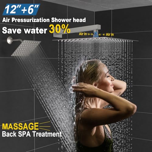 Enga Thermostatic Dual Shower System, 12"+6" Wall Mount Dual Rain Shower Faucet, All Functions Use Together & Volume Adjustable, Brushed Nickel - color: Brushed Nickel, style: ‎12"+6" Head