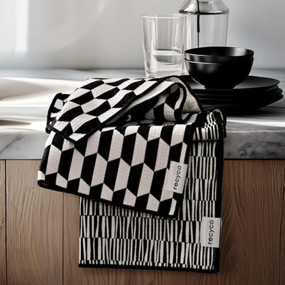 RECYCO Waffle Kitchen Towel Set of 2 - Quick Dry Microfiber Sustainable Dish Towels - Ultra Absorbent Reusable Cleaning Tea Towels - Lightweight Hand Towels,16”x 28”, Black & White Mirage - color: Black & White Mirage