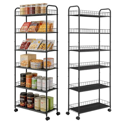 10in 6-Tier Slim Storage Cart with Wheels, Metal 10in Wide Black Narrow Rolling Shelf, Sturdy Slim Storage with Hooks Ideal for Kitchen, Bathroom, and Laundry Room - size: 10in 6-Tier Cart