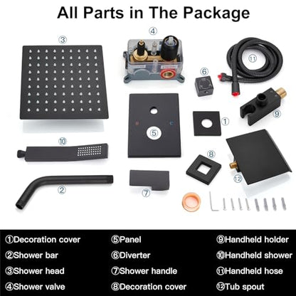 Midanya Shower System with Tub Spout,Bathtub Shower Faucet Set with Square Rainfall Head and Handheld Sprayer Wall Mount Tub Faucet Set with Valve and Trim Kit,8 Inch Matte Black - color: Matte Black, size: 8 Inch
