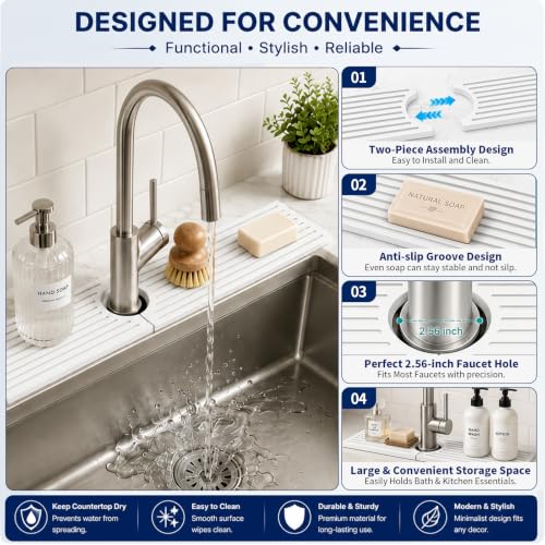 Diatomite Stone Faucet Mat for Kitchen Sink - 23.6" x 4" Fast Drying Stone Sink Tray, Water Absorbing Faucet Splash Guard Behind Faucet, Diatomaceous Earth Counter Protector (White) - size: 23.6" x 4"