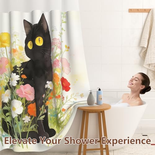 Floral No Hook Shower Curtain and Liner Set, Double-Layer Waterproof Cat Shower Curtain with Mesh Top Window and Weighted Bottom, Machine Washable Farmhouse Shower Curtains for Bathroom, 71"W x 74"L - color: Cat in Flowers