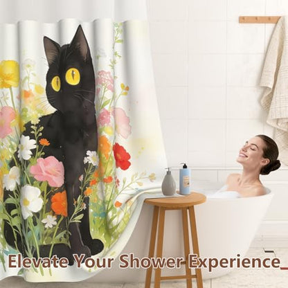 Floral No Hook Shower Curtain and Liner Set, Double-Layer Waterproof Cat Shower Curtain with Mesh Top Window and Weighted Bottom, Machine Washable Farmhouse Shower Curtains for Bathroom, 71"W x 74"L - color: Cat in Flowers