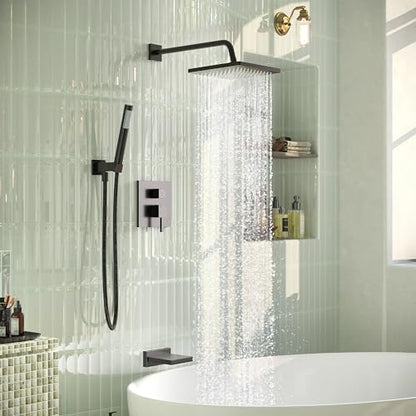 Esnbia Shower System with Tub Spout,Black Bathtub Shower Faucet Set,10 Inches Rain Shower Heads with Handheld Spary Combo, Tub Shower Kit with 3-Way Shower Valve, Matte Black - color: Matte Black