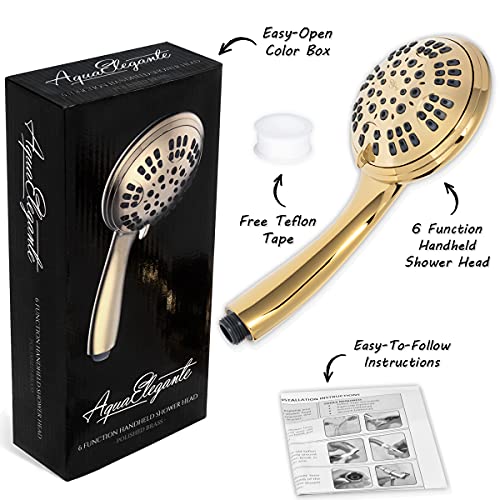 Aqua Elegante Luxury Handheld Shower Head - 2.5 GPM - Polished Brass | 6 Function High Pressure Hand Held Showerhead for Low Water Flow with Self-Clean Nozzles Easy Install Replacement Sprayer - color: Polished Brass, size: 2.5 GPM