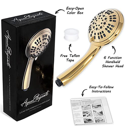 Aqua Elegante Luxury Handheld Shower Head - 1.8 GPM - Polished Brass | 6 Function High Pressure Hand Held Showerhead for Low Water Flow with Self-Clean Nozzles Easy Install Replacement Sprayer - color: Polished Brass, size: 1.8 GPM
