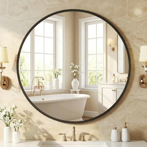 NEWBULIG 30 Inch Round Wall Mirror, Bathroom Mirrors for Over Sink, Matte Metal Framed Circle Vanity Mirror, Wall Decor for Bedroom, Entryway, Anti-Rust, Tempered Glass, Hanging or Leaning, Black | Metal Framed Circle Vanity Mirror, Wall Decor for Bedroom