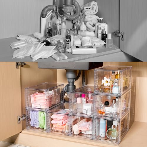 Vtopmart 4 Pack Stackable Clear Pantry Storage Drawers, Large | Large Clear Drawers with Handles. Stackable, Easy to Assemble, Non-slip and Sturdy for Pantry, Kitchen, Cabinet & Bathroom. - size: 4Pack 7"H