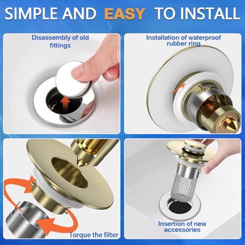Bathroom Sink Drain Strainer,(3PCS) Pop-up Sink Drain Strainer with Removable Stainless Steel Strainer Basket Hair Catcher, Bathroom Sink Strainer for Bathroom Sink Stopper Replacement - color: 3, Brushed Gold
