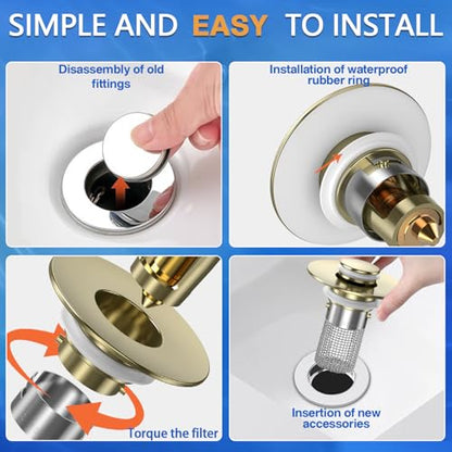 Bathroom Sink Drain Strainer,(3PCS) Pop-up Sink Drain Strainer with Removable Stainless Steel Strainer Basket Hair Catcher, Bathroom Sink Strainer for Bathroom Sink Stopper Replacement - color: 3, Brushed Gold
