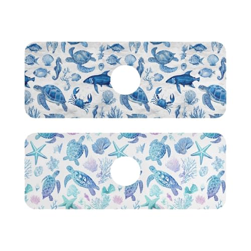 Blue Turtles Fish Crabs Seahorse Starfish Coral Kitchen Sink Splash Guard Sink Faucet Mat Faucet Handle Drip Catcher Drain Mats for Kitchen Bathroom Countertop Absorbent - color: Blue Turtles Fish Crabs Seahorse Starfish Coral, size: 14.7x5.4in x2