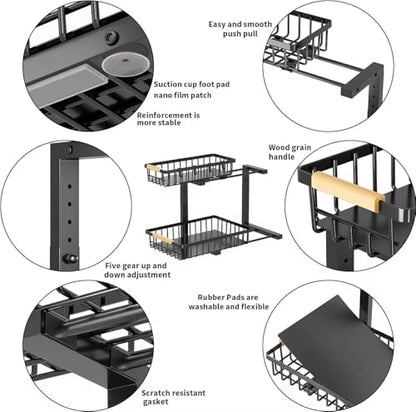 Lumela Under Sink Organizer, 2-Tier Slide-Out Cabinet Organizer Shelf, Height Adjustable Metal Pull-Out Storage Rack with Wood Handle for Kitchen & Bathroom Cabinets (Black)