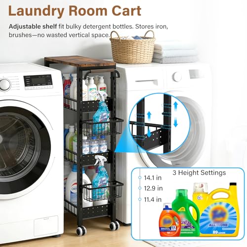 7.8 Inch Ultra-Slim 4-Tier Rolling Storage Cart with Adjustable Shelves | Lockable Wheels & Wooden Top for Narrow Spaces Between Washer/Dryer, Bathroom, Kitchen Organization (Black)