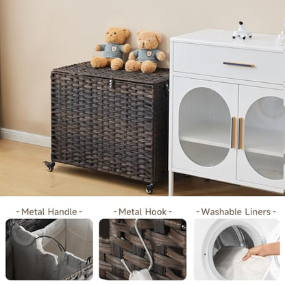 Laundry Hamper with Wheels, 34.3 Gallon(130L) Rolling Laundry Basket with Lid, Removable Large 2 Color Liners & 3 Mesh Laundry Bags, Clothes Hamper with Side Pocket, Brown - color: Brown, size: 23.62"L x 15.75"W x 21.65"H