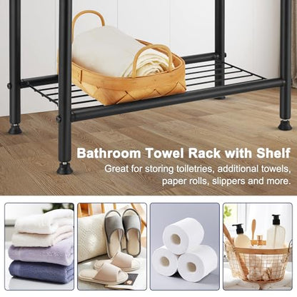 Free Standing Towel Rack, 2 Tier Towel Racks for Bathroom with Storage Shelves, Outdoor Standing Towel Drying Rack for Poolside, Black, DECLUTTR