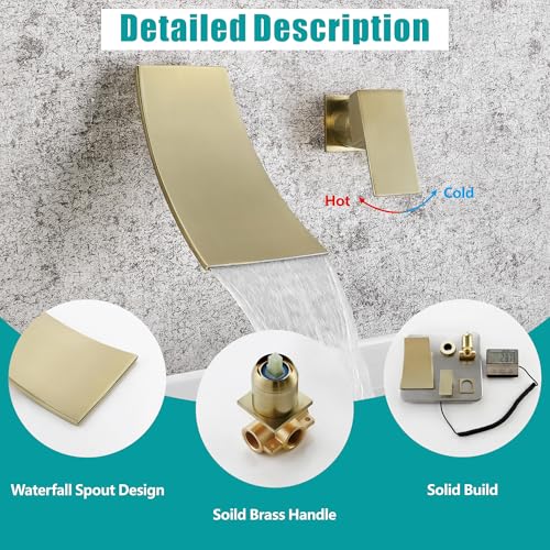 SKOWLL Single Handle Wall Mount Bathroom Sink Faucet, Brushed Gold Waterfall Modern Tub Faucet Set, Waterfall Spout - color: Brushed Gold
