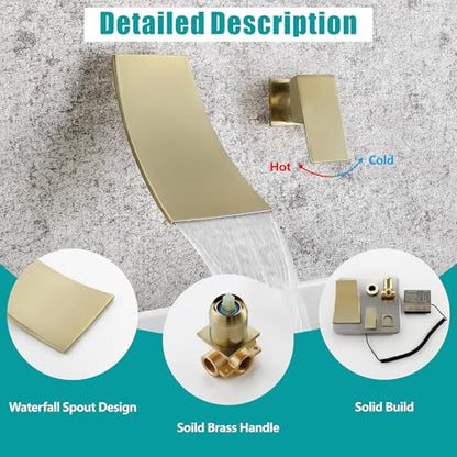 SKOWLL Single Handle Wall Mount Bathroom Sink Faucet, Brushed Gold Waterfall Modern Tub Faucet Set, Waterfall Spout - color: Brushed Gold