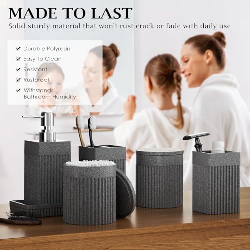 6-Piece Bathroom Set Grey - Stone Textured Resin Bathroom Organizer with Soap Dispenser, Toothbrush Holder, Vanity Tray, Tumbler & Cotton Swab Jars for Small Spaces - color: Grey
