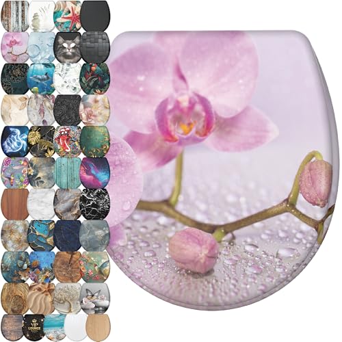 Sanilo Wooden Toilet Seat with Quick Release & Soft Close [ROUND] - Decorative & Slow Close Molded Wood Seat - With One Click for Easy Installation & Cleaning - With Adjustable Fit (Blooming) - color: Blooming