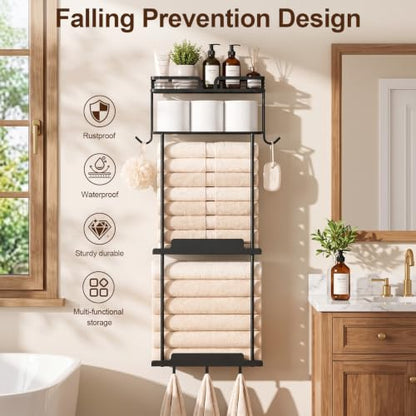 Towel Racks for Bathroom 39.9 Inch Wall Mounted Towel Rack with Shelf, Bathroom Towel Storage Holds 6 Large Rolled Towels, Metal Wall Towel Rack, Black - size: 39.9inch