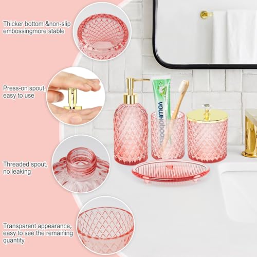 Haturi Glass Bathroom Accessories Set, Light Pink Bathroom Set, 4 Pcs | Kit w/ Bathroom Soap Dispenser Set, Toothbrush Holder, Qtip Holder, Vanity Tray, Pink Bathroom Decor, Gift for Home Apartment - style: Light Pink