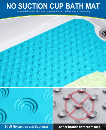 Bligli Bathtub Mat Non-Slip Without Suction Cups, 39x16inch Extra Long Bath Mats for Shower Bathroom, Machine Washable Natural Rubber Shower Tub Mat (39x16inch, Blue) - color: Blue