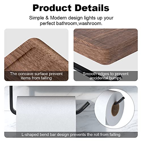 Toilet Paper Holder with Black Walnut Wood Shelf, Wall Mounted & Adhesive Mounted Wooden Shelf for Hanging Roll Tissue, Place Phone, Aromatherapy for Bathroom, Washroom - color: Walnut