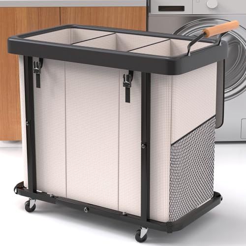 Laundry Hamper 3 Section,230L (60Gal) Rolling Dirty Clothes Hamper White | Laundry Basket with Wheels & Lid,Laundry Organizer Storage Cart with Metal Frame and Wooden Handle for Laundry Room, Hotel - color: White-3 Section, size: 230L