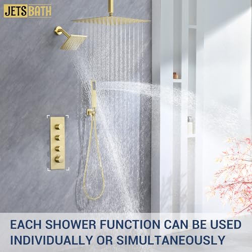 16" Thermostatic Dual Rainfall Head Shower System with Handheld & Valve, 16” Ceiling Shower Faucet Set with 6-Inch Shower Head, JetsBath Brushed Gold Full Body Shower System for Couples/ 2-Person - color: Brushed Gold