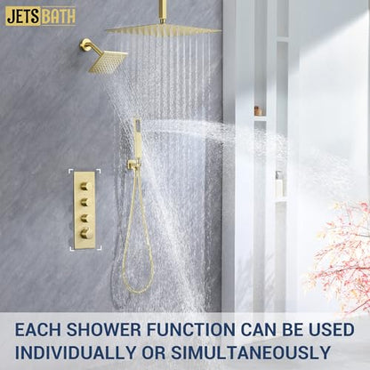 16" Thermostatic Dual Rainfall Head Shower System with Handheld & Valve, 16” Ceiling Shower Faucet Set with 6-Inch Shower Head, JetsBath Brushed Gold Full Body Shower System for Couples/ 2-Person - color: Brushed Gold