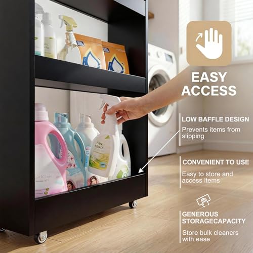 TEAMIX Wood 4-Tier Slim Rolling Storage Cart, 7.9"W, 24.8"D, 36.7"H, Black | Height Adjustable, 360°Swivel Wheels, Deeper & Taller, Use as Narrow Kitchen Cart, Laundry Organizer Between Washer & Dryer - color: Black