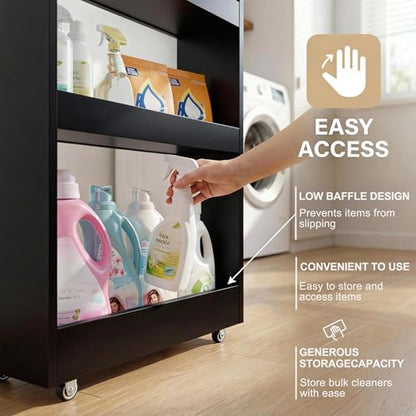 TEAMIX Wood 4-Tier Slim Rolling Storage Cart, 7.9"W, 24.8"D, 36.7"H, Black | Height Adjustable, 360°Swivel Wheels, Deeper & Taller, Use as Narrow Kitchen Cart, Laundry Organizer Between Washer & Dryer - color: Black