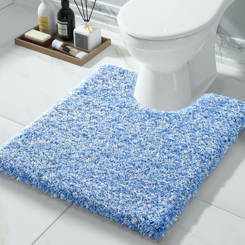 Yimobra Toilet Rugs U Shaped Washable 24X20, Ultra Soft and Water Absorbent Bath Mats, Non Slip Fluffy Shaggy Luxury Microfiber Contour Bath Rugs for Toilet, Dry Quick, Blue and White - color: Blue and White, size: 20" X 24" Contour Rug
