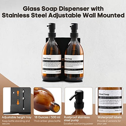 Glass No-Drill Wall Mounted Shower Soap Dispenser, Hand Soap Dispenser with Adjustable Stainless Steel Holder for Bathroom and Kitchen-(Black 1 Chamber, 18 OZ) - color: Black