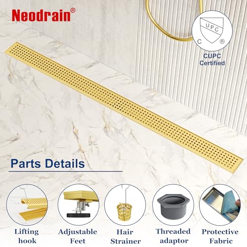 Neodrain 36" Linear Shower Drain, Gold 304 SS Bathroom Linear Drain,cUPC | Gold Shower Drain with Quadrato Grate& Adjustable Feet, Long Rectangle Shower Floor Drain in Bathroom, Balcony etc - color: Golden, size: 36 In