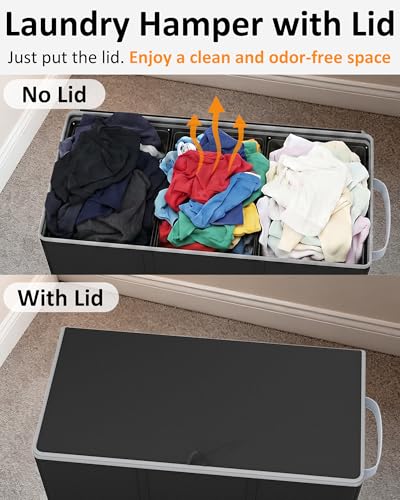 Optish 180L Laundry Hamper 3 Section, Large Laundry Hamper with Lid, Dirty Clothes Hampers with 3 Inner Bags, Laundry Basket Organizer for Laundry, Bedroom, Bathroom, Hamper 3 Compartment, Black - color: Black