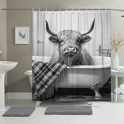 Funny Highland Cattle Cow Bull Shower Curtain, Black and White Cattle Bathing in The Bathtub Shower Curtains Set, Humor Western West Farmhouse Shower Curtains with Hooks 72x72inch - color: Grey, size: 72"W x 72"L (Pack of 1)