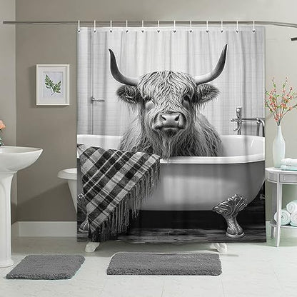 Funny Highland Cattle Cow Bull Shower Curtain, Black and White Cattle Bathing in The Bathtub Shower Curtains Set, Humor Western West Farmhouse Shower Curtains with Hooks 72x72inch - color: Grey, size: 72"W x 72"L (Pack of 1)