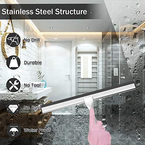 Shower Squeegee with Self Adhesive Hook, 10 Inches Stainless Steel Squeegee Cleaner, All-Purpose Window Scraper for Bathroom Doors, Mirror, Windows and Car Glass (10 Inch, Silver)