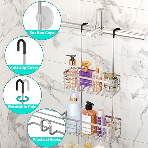 HapiRm Hanging Shower Caddy Organizer - No Drilling Shower Organizer with Hooks, Rustproof & Waterproof 304 Stainless Steel Bathroom Shelves - Silver - color: Silver