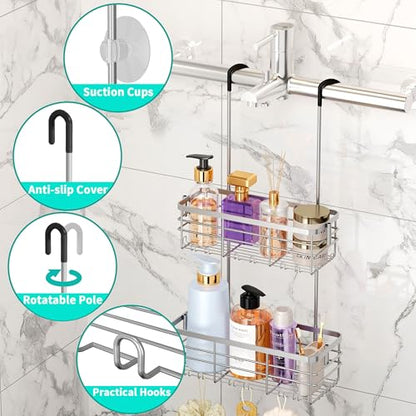 HapiRm Hanging Shower Caddy Organizer - No Drilling Shower Organizer with Hooks, Rustproof & Waterproof 304 Stainless Steel Bathroom Shelves - Silver - color: Silver