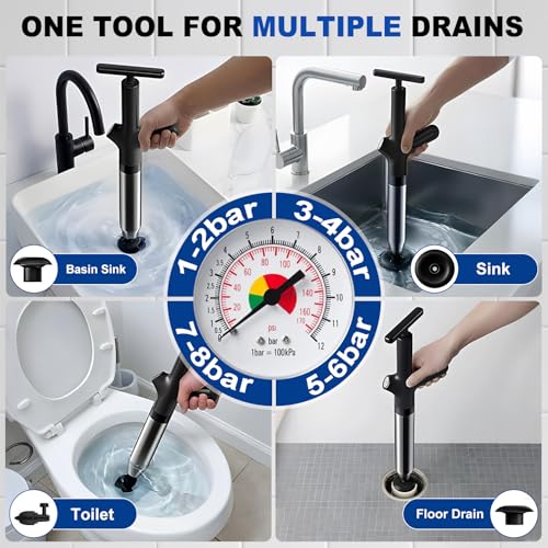 High Pressure Toilet Plunger, Heavy Duty Plunger for Bathroom, Dark Black | Toilet Unclogger Tool for Drain Clog, Heavy Duty Toilet Plunger with Pressure Gauge, 4 Heads for Bathroom, Sink, Shower - color: Dark Black