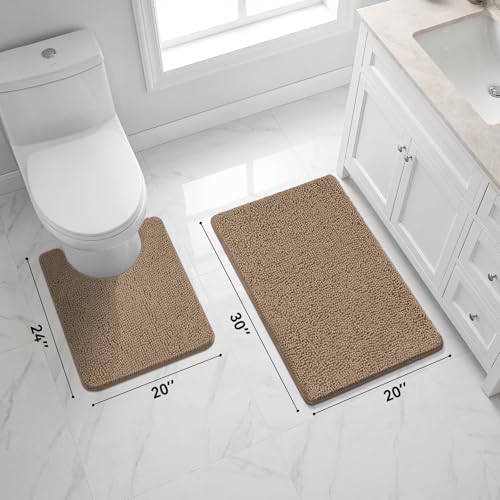 Bcoimo U Shaped Bath Rug Mat Set,2 Piece Chenille Latte Toilet Bathroom Rug | Extra Soft Bathroom mat set;Non Slip with Rubber Back Bath Mats;High Absorbent And Quick Dry Microfiber mat; Machine Washable - color: Latte, size: U24×20 Plus 30×20
