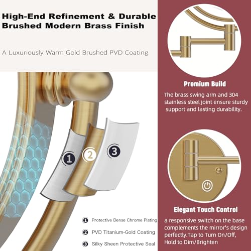 8" Rechargeable Brass 1X/5X Makeup Magnifying Mirror Wall Mount with Light, Upgraded 3-Colors Bright LED Touch Dimmable Extended Arm 360 Rotation for Bathroom, Brushed Modern Brass - color: Brushed Moderne Brass
