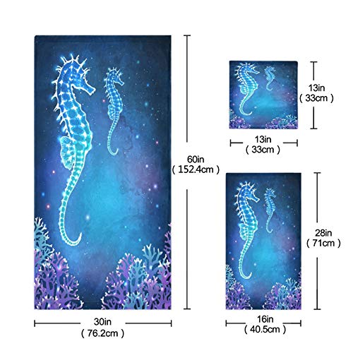 ALAZA Towel Bathroom Sets,Dreamy Glowing Seahorse Towels 3-Piece 1 Bath Towel 1 Washcloth 1 Hand Towel, Bath Towel Set of 3 Soft Multifuntion for Home Kitch - color: Multi23