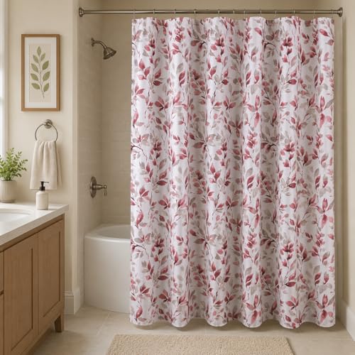 Hotel Quality Fabric Bathroom Shower Curtain: Floral Leaf Damask - Pink, Gray and White (72 x 70 inches) - color: Mikayla