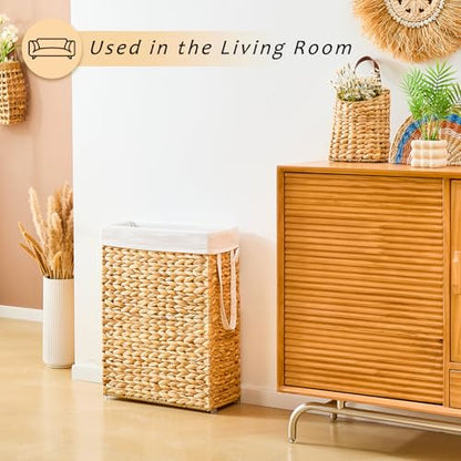 Handwoven Slim Laundry Hamper, 55L Narrow Laundry Basket, Natural Water Hyacinth Basket and Handles and Removable Liner Bag & 2 Mesh Bags (Natural, 55L) - color: Natural, size: 55L