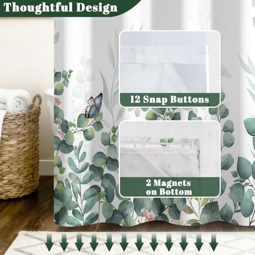 No Hook Eucalyptus Shower Curtain with Snap in Liner, 71x74 Inch | Double Layer Waterproof Bath Curtain with Mesh Top, Soft Green Botanical Leaf & Butterfly Print for Modern Farmhouse Bathroom - color: Eucalyptus
