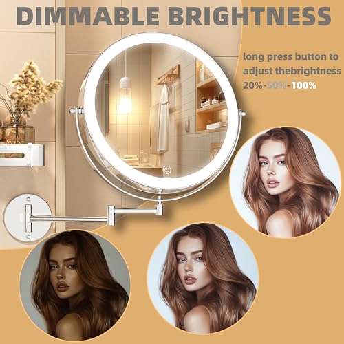 Wall Mounted Lighted Makeup Mirror with Extended Arm for Bathroom | Round 8.5 Inch Double Side 1X/10X Magnifying, 360° Swivel, 19.7 Inch Extended Arm, 3 Color Lights Dimmable, Rechargeable - color: Chrome