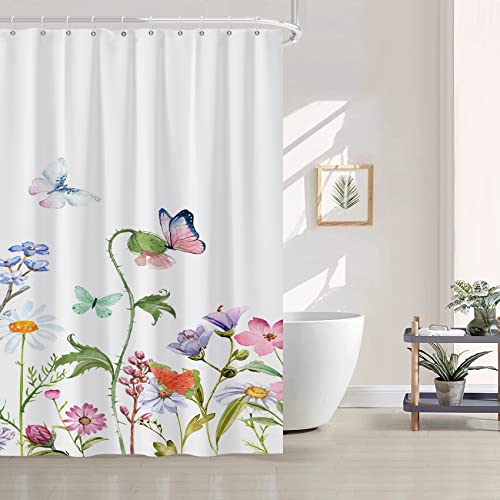 AWERT Butterfly Wildflowers Small Half Size Stall Shower Curtain with Hooks Shower Stall Curtain for Bathroom/RV and Camper 48 x 72 - color: Butterfly, size: 48"W x 72"L (Pack of 1)